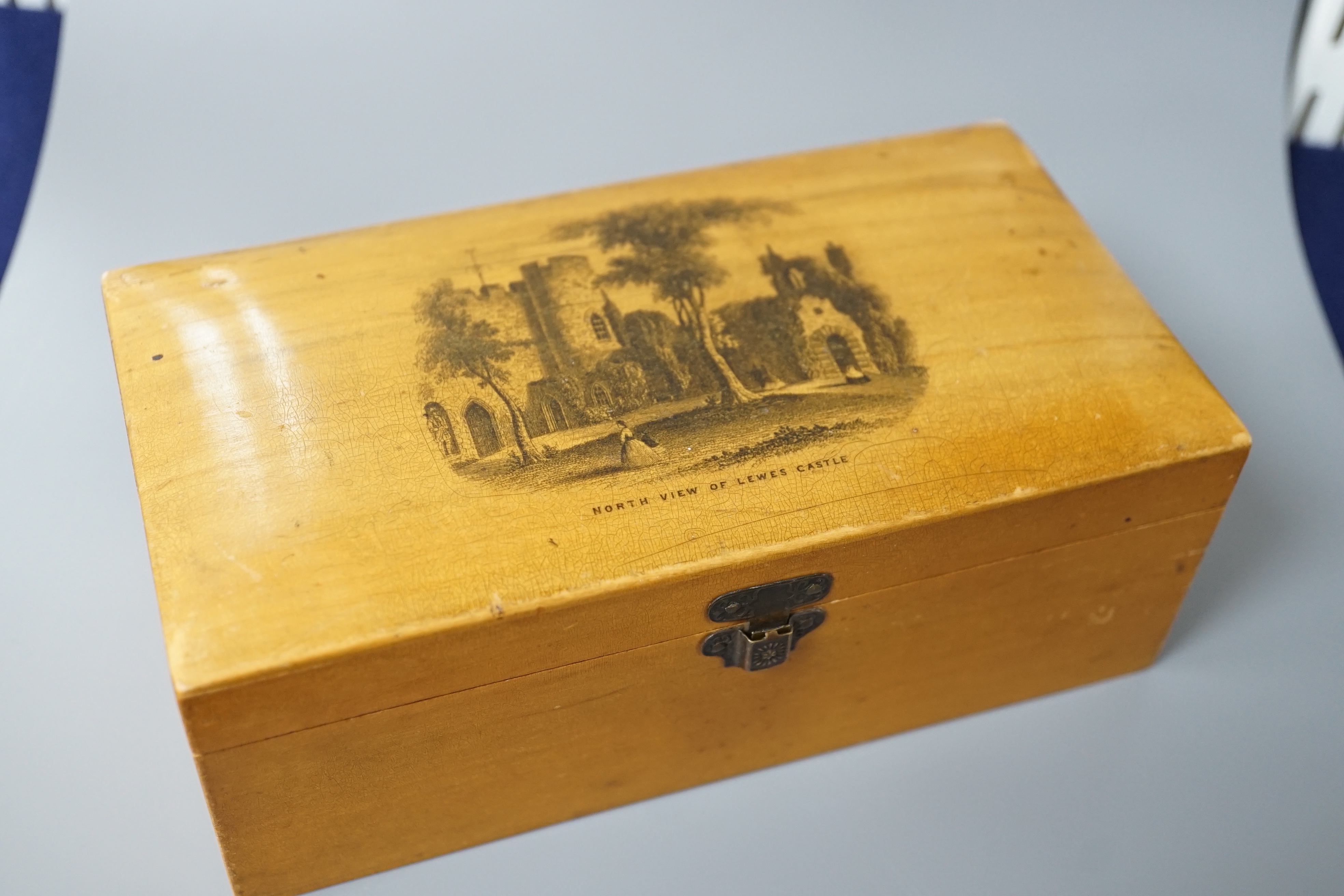 A set of 6 late 19th century mauchline ware napkin rings decorated with scenes of Lewes, housed in matching box. 18cm